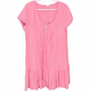 Poetry Pink Linen Short Sleeve Button Front Midi tiered Dress Size 14 pockets